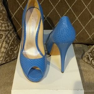 Casadei Sky Blue Textured Peep-Toe Stiletto Pumps